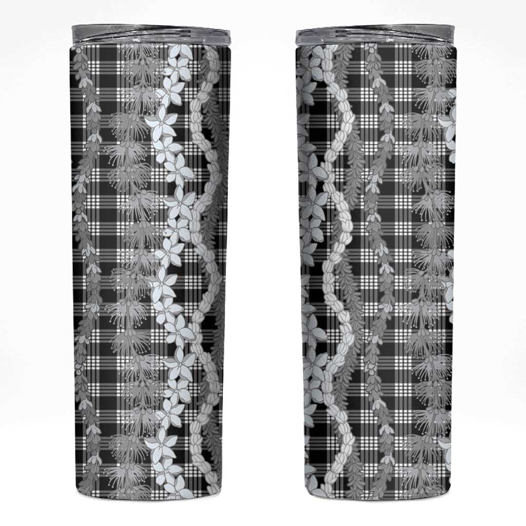 Hawaiian Ohia Lehua Lei Skinny Tumbler Plaid Palaka Eleele Pattern - Polynesian Pride