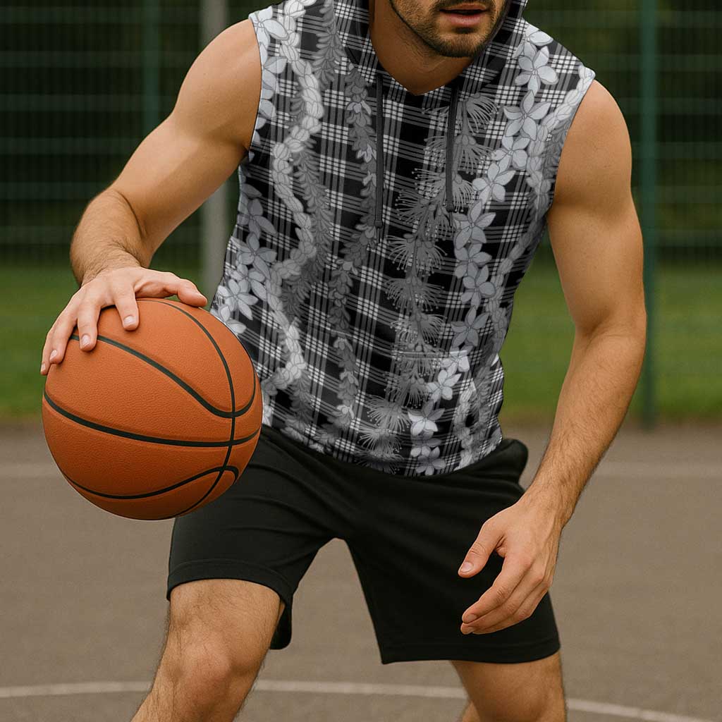 Hawaiian Ohia Lehua Lei Sleeveless Hoodie Plaid Palaka Eleele Pattern - Polynesian Pride