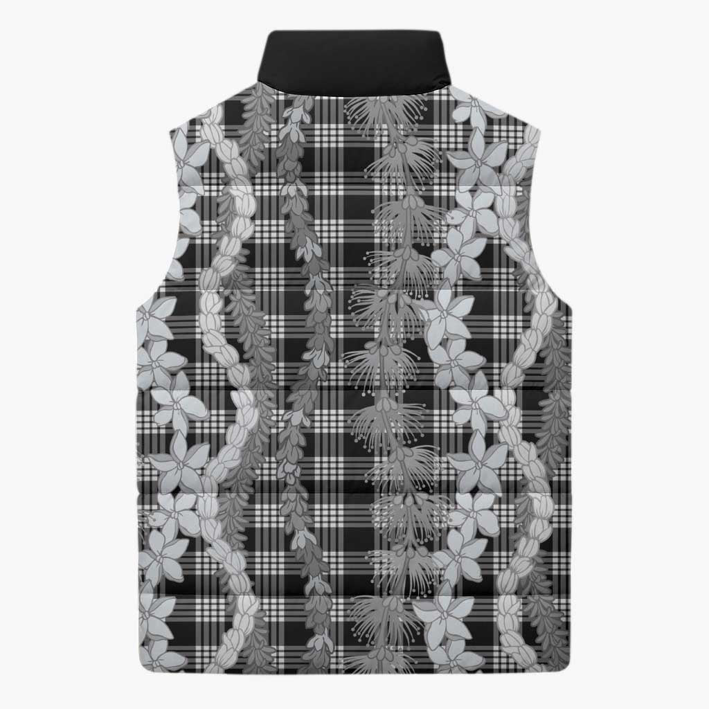Hawaiian Ohia Lehua Lei Sleeveless Puffer Jacket Plaid Palaka Eleele Pattern - Polynesian Pride