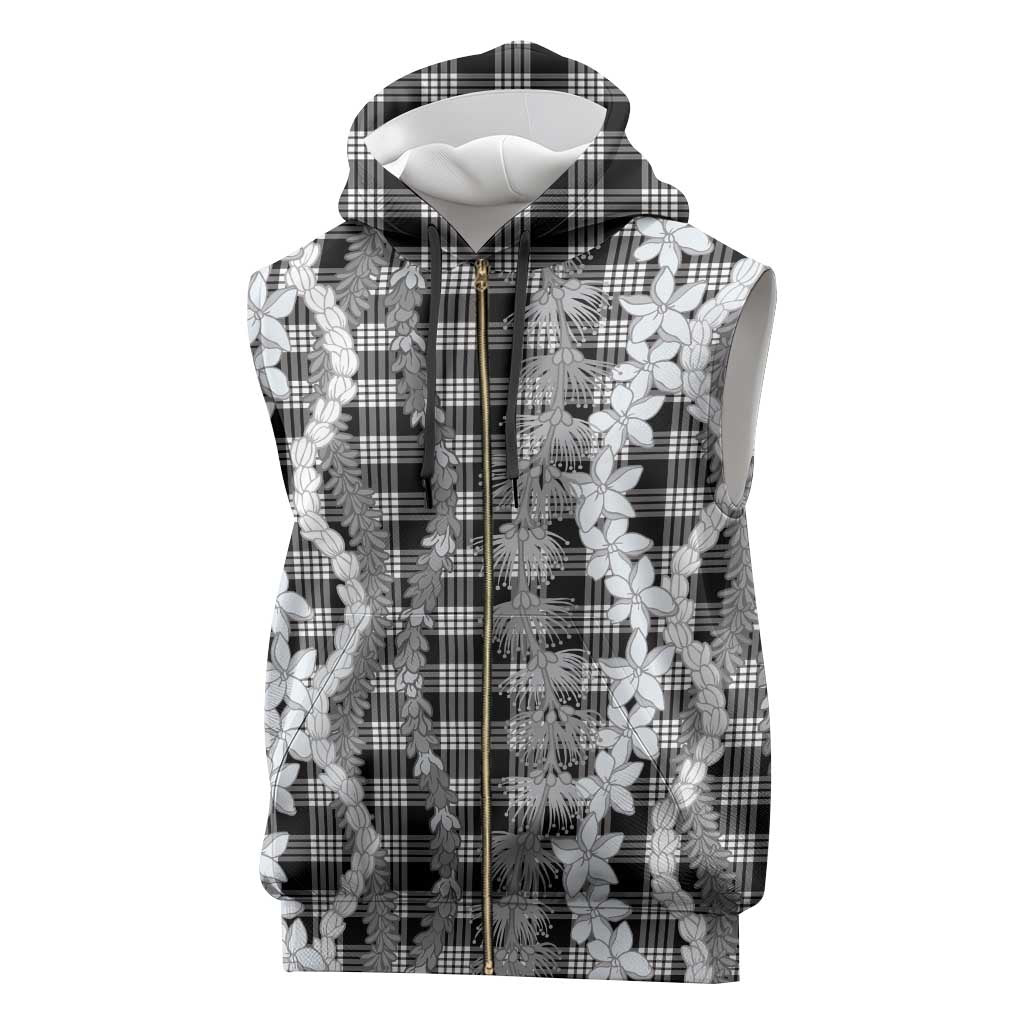 Hawaiian Ohia Lehua Lei Sleeveless Zip Hoodie Plaid Palaka Eleele Pattern - Polynesian Pride