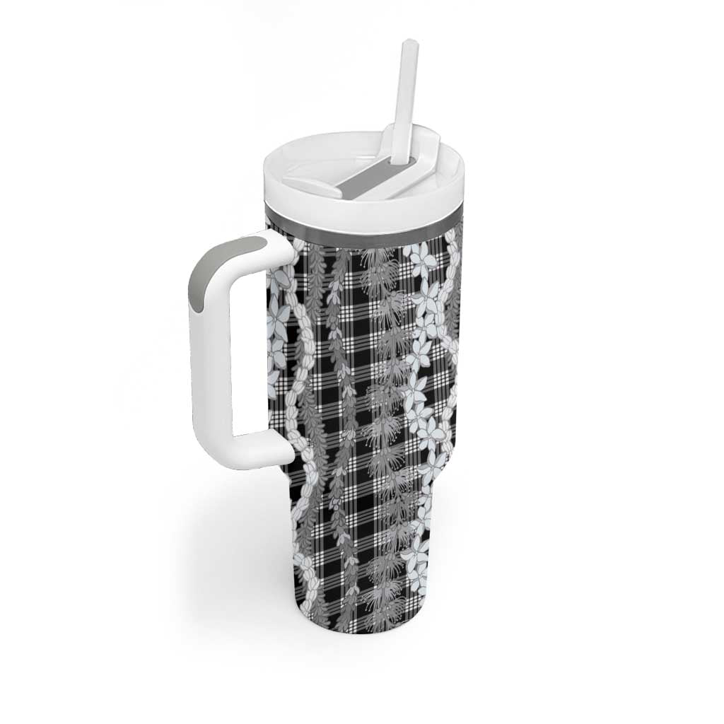 Hawaiian Ohia Lehua Lei Tumbler With Handle Plaid Palaka Eleele Pattern - Polynesian Pride