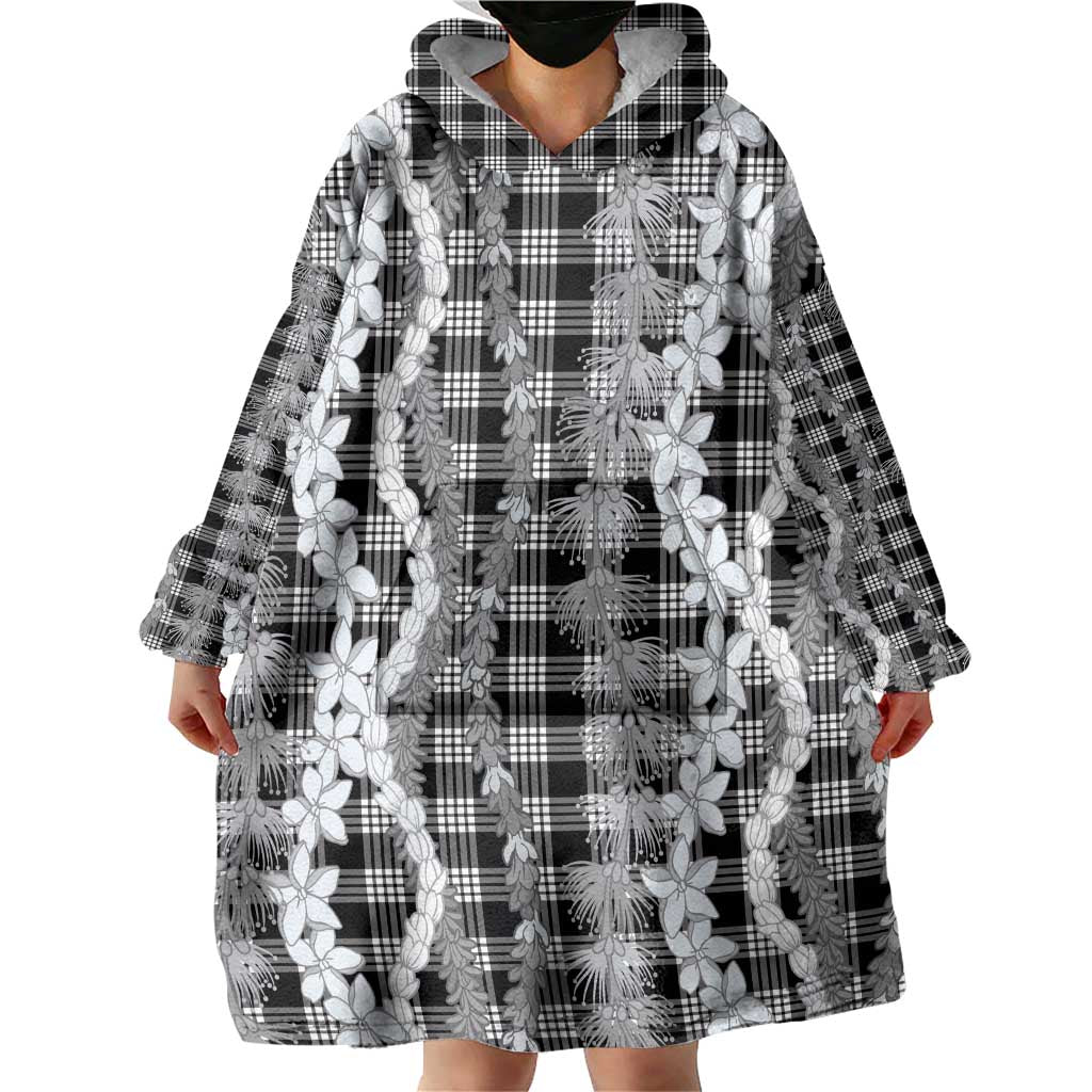 Hawaiian Ohia Lehua Lei Wearable Blanket Hoodie Plaid Palaka Eleele Pattern - Polynesian Pride