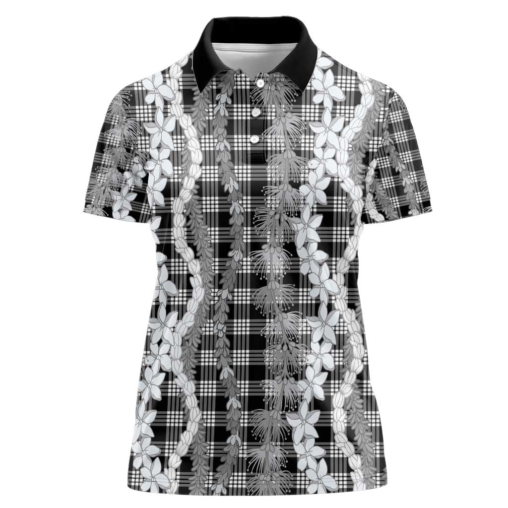 Hawaiian Ohia Lehua Lei Women Polo Shirt Plaid Palaka Eleele Pattern - Polynesian Pride