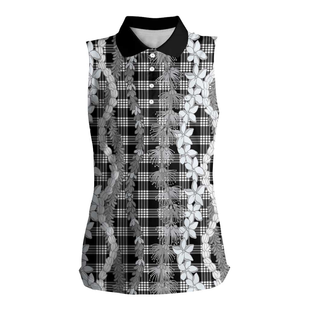 Hawaiian Ohia Lehua Lei Women Sleeveless Polo Shirt Plaid Palaka Eleele Pattern - Polynesian Pride