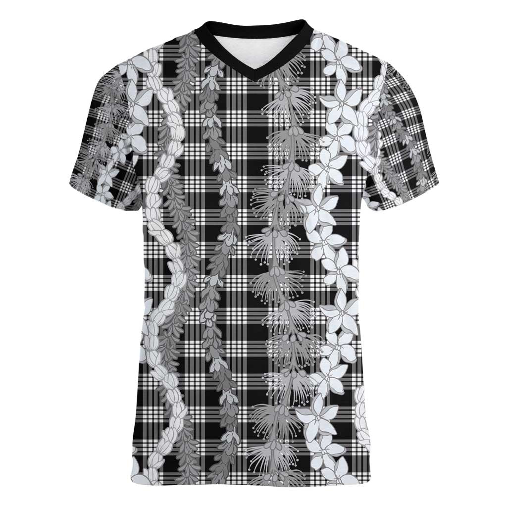 Hawaiian Ohia Lehua Lei Women V-Neck T-Shirt Plaid Palaka Eleele Pattern - Polynesian Pride