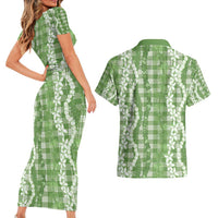 Hawaiian Ohia Lehua Lei Couples Matching Short Sleeve Bodycon Dress and Hawaiian Shirt Plaid Palaka Omaomao Pattern - Polynesian Pride