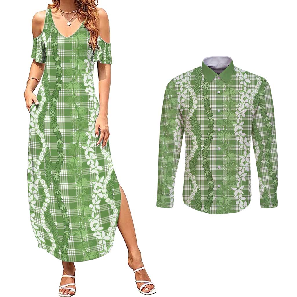 Hawaiian Ohia Lehua Lei Couples Matching Summer Maxi Dress and Long Sleeve Button Shirt Plaid Palaka Omaomao Pattern - Polynesian Pride