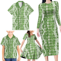 Hawaiian Ohia Lehua Lei Family Matching Long Sleeve Bodycon Dress and Hawaiian Shirt Plaid Palaka Omaomao Pattern - Polynesian Pride