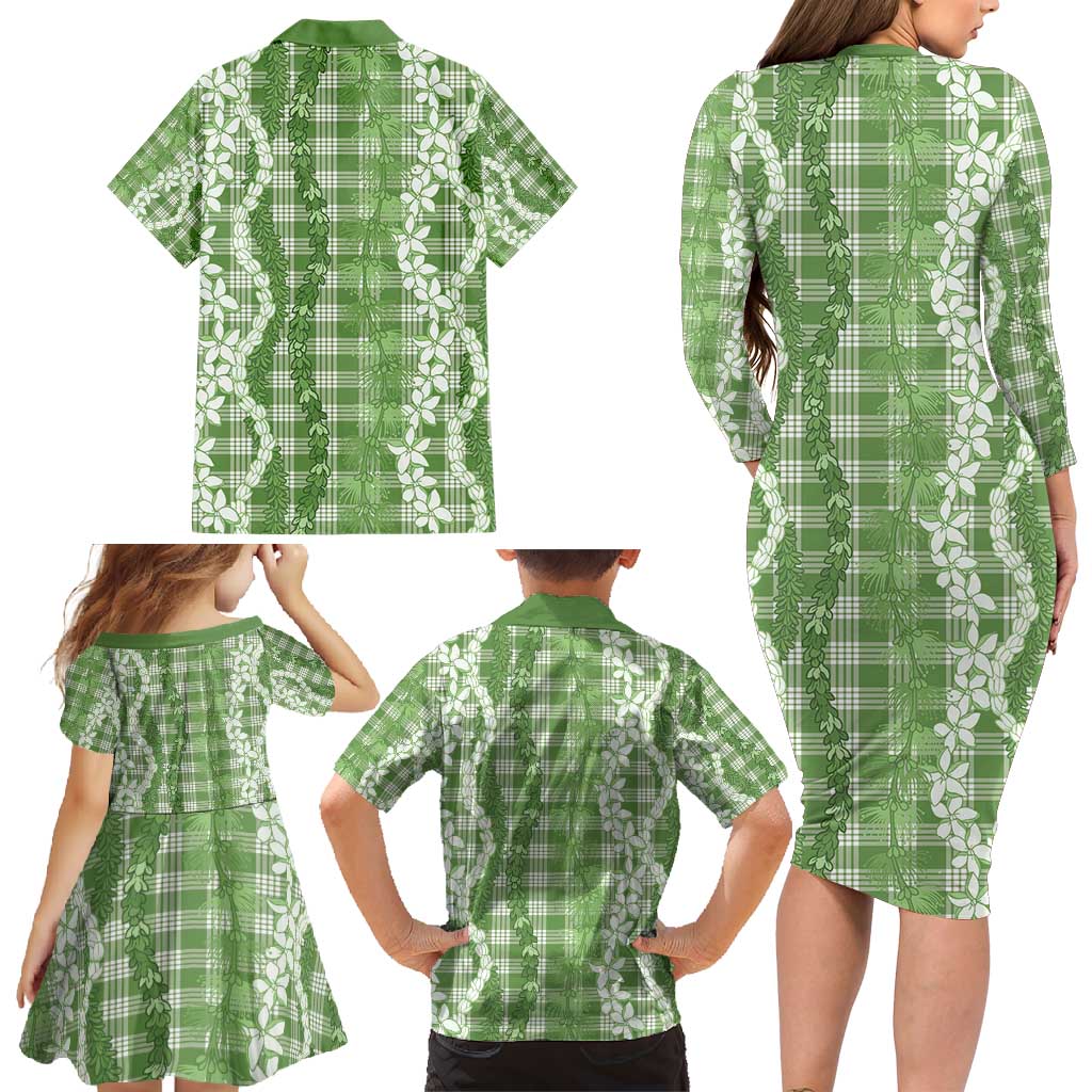 Hawaiian Ohia Lehua Lei Family Matching Long Sleeve Bodycon Dress and Hawaiian Shirt Plaid Palaka Omaomao Pattern - Polynesian Pride