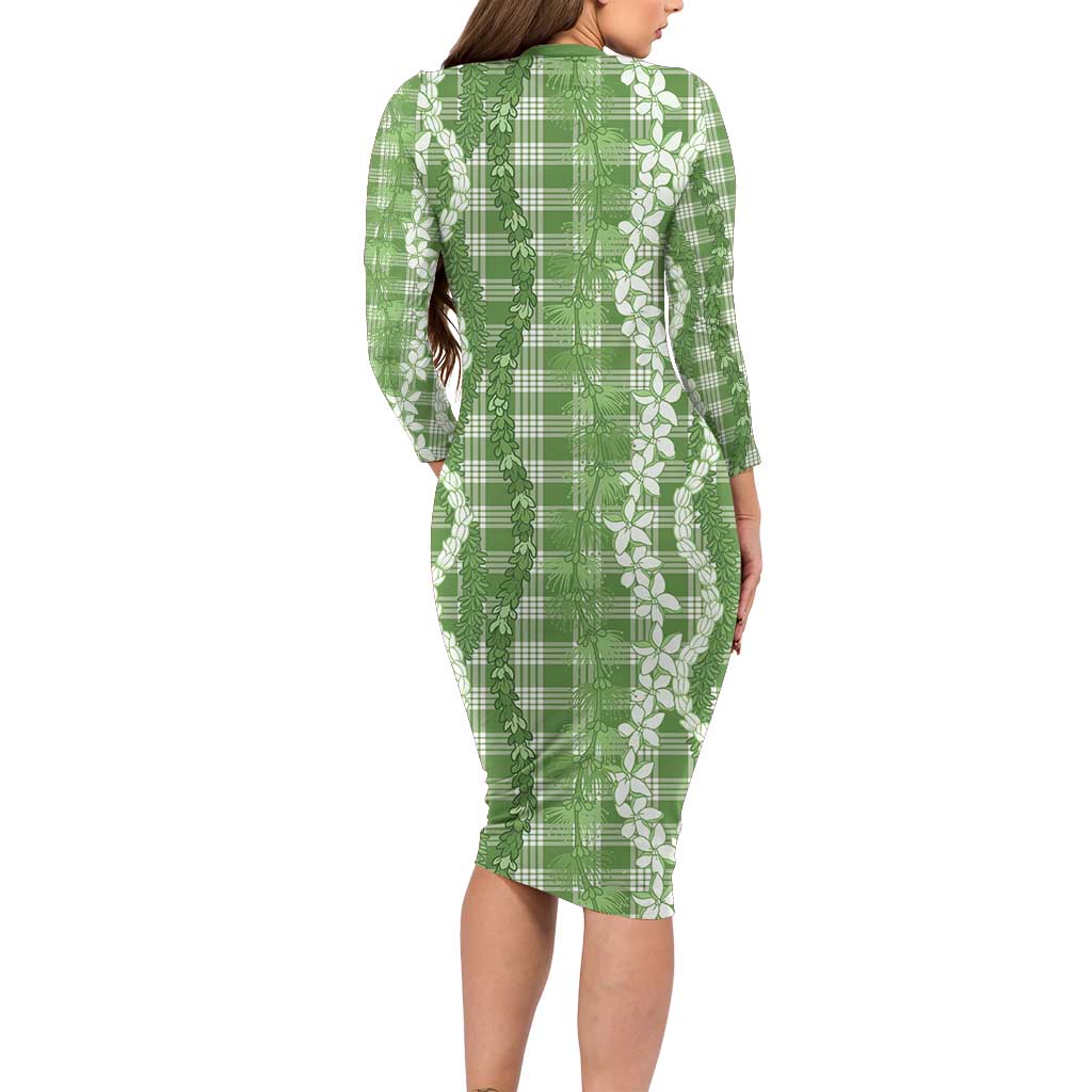 Hawaiian Ohia Lehua Lei Family Matching Long Sleeve Bodycon Dress and Hawaiian Shirt Plaid Palaka Omaomao Pattern - Polynesian Pride