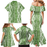 Hawaiian Ohia Lehua Lei Family Matching Mermaid Dress and Hawaiian Shirt Plaid Palaka Omaomao Pattern - Polynesian Pride
