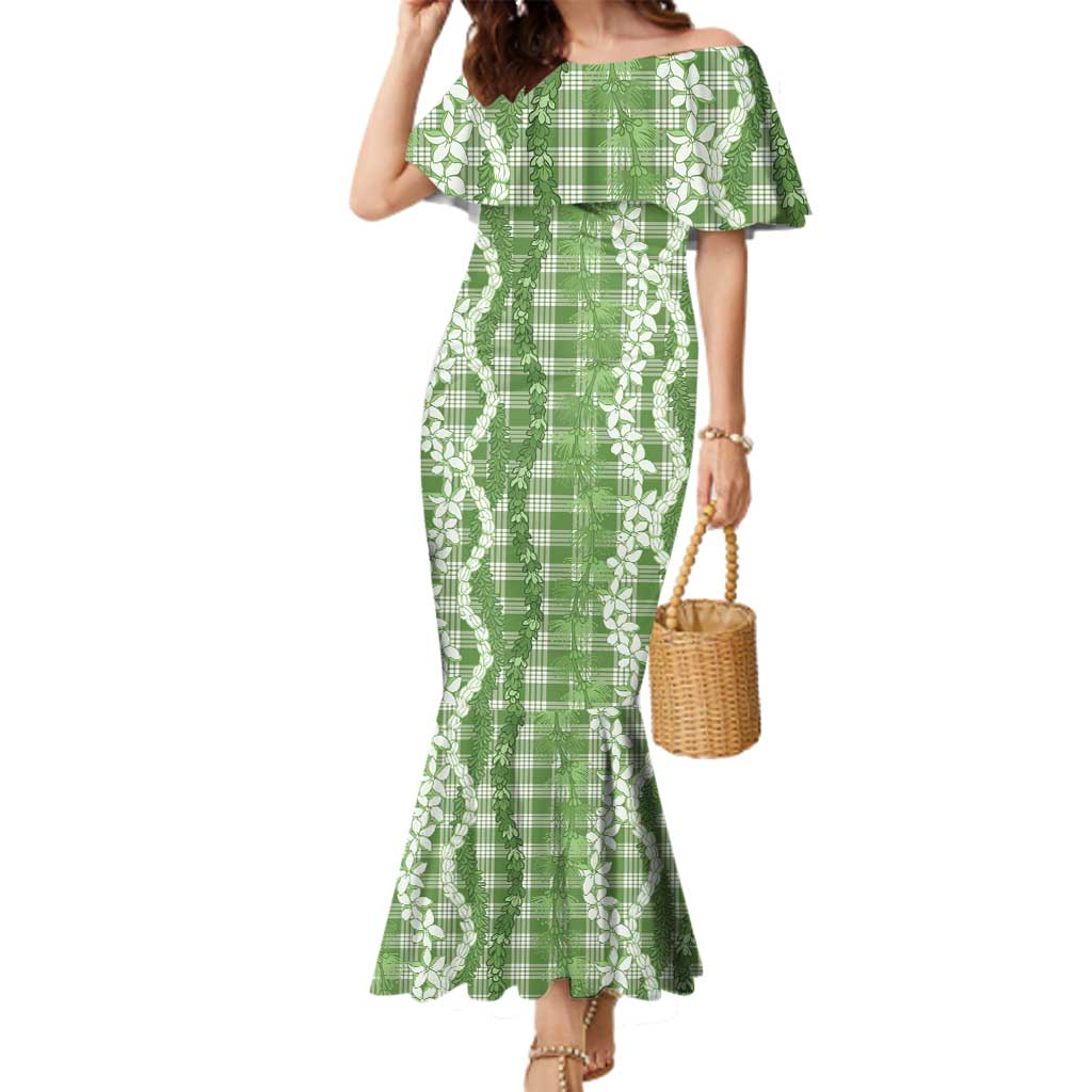 Hawaiian Ohia Lehua Lei Family Matching Mermaid Dress and Hawaiian Shirt Plaid Palaka Omaomao Pattern - Polynesian Pride