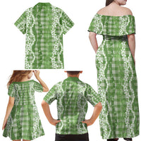 Hawaiian Ohia Lehua Lei Family Matching Off Shoulder Maxi Dress and Hawaiian Shirt Plaid Palaka Omaomao Pattern - Polynesian Pride