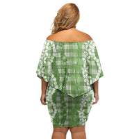 Hawaiian Ohia Lehua Lei Family Matching Off Shoulder Short Dress and Hawaiian Shirt Plaid Palaka Omaomao Pattern - Polynesian Pride