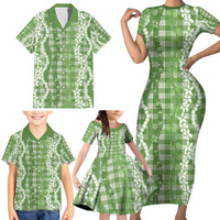 Hawaiian Ohia Lehua Lei Family Matching Short Sleeve Bodycon Dress and Hawaiian Shirt Plaid Palaka Omaomao Pattern - Polynesian Pride