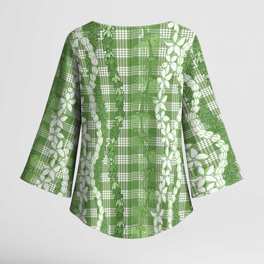 Hawaiian Ohia Lehua Lei Kimono Sleeve Blouse Plaid Palaka Omaomao Pattern - Polynesian Pride