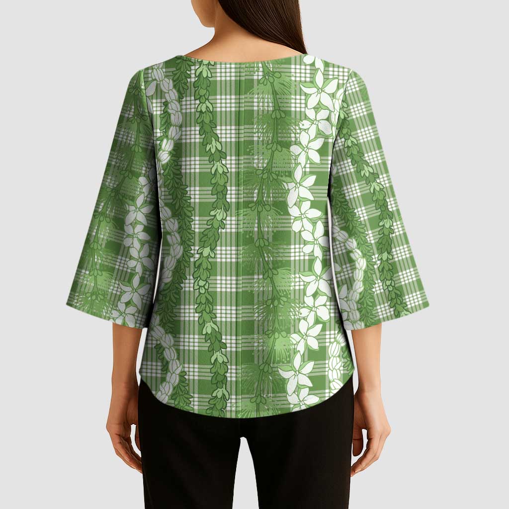 Hawaiian Ohia Lehua Lei Kimono Sleeve Blouse Plaid Palaka Omaomao Pattern - Polynesian Pride