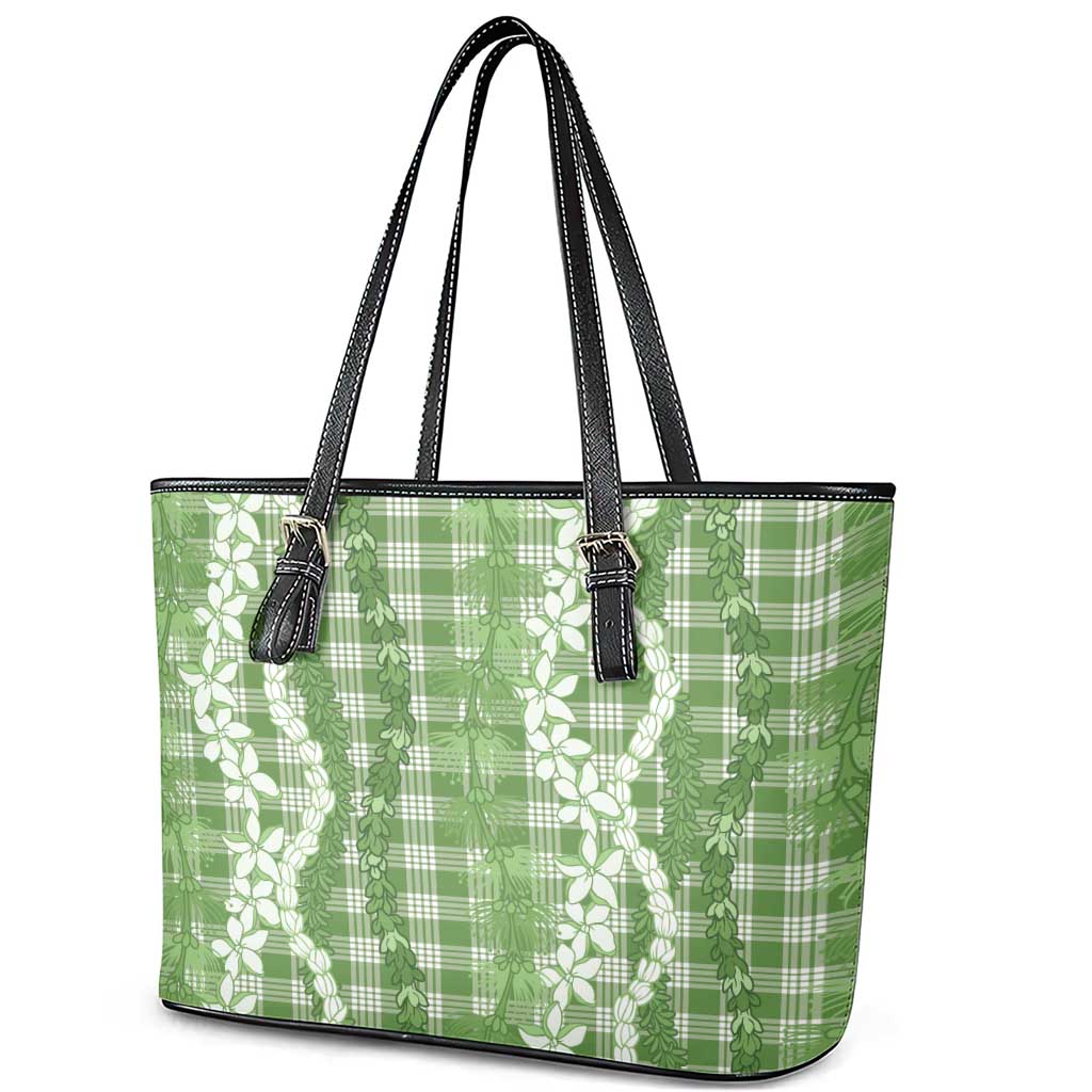Hawaiian Ohia Lehua Lei Leather Tote Bag Plaid Palaka Omaomao Pattern - Polynesian Pride