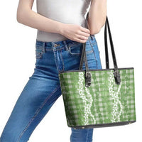 Hawaiian Ohia Lehua Lei Leather Tote Bag Plaid Palaka Omaomao Pattern - Polynesian Pride