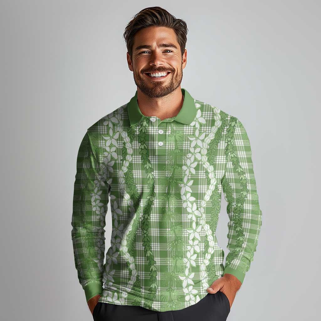 Hawaiian Ohia Lehua Lei Long Sleeve Polo Shirt Plaid Palaka Omaomao Pattern - Polynesian Pride