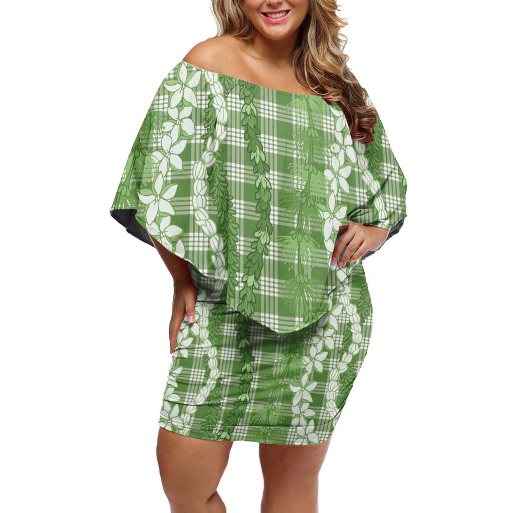 Hawaiian Ohia Lehua Lei Off Shoulder Short Dress Plaid Palaka Omaomao Pattern - Polynesian Pride