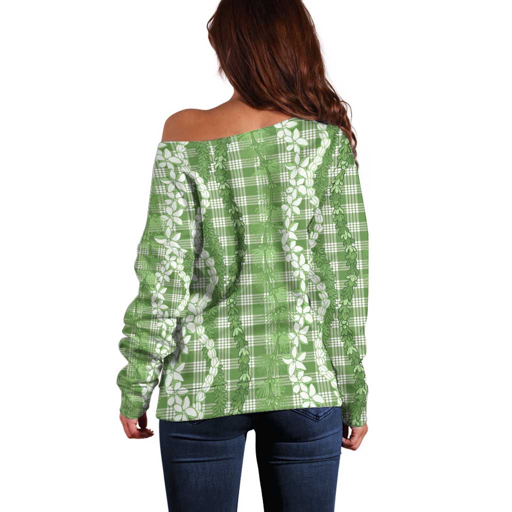 Hawaiian Ohia Lehua Lei Off Shoulder Sweater Plaid Palaka Omaomao Pattern - Polynesian Pride