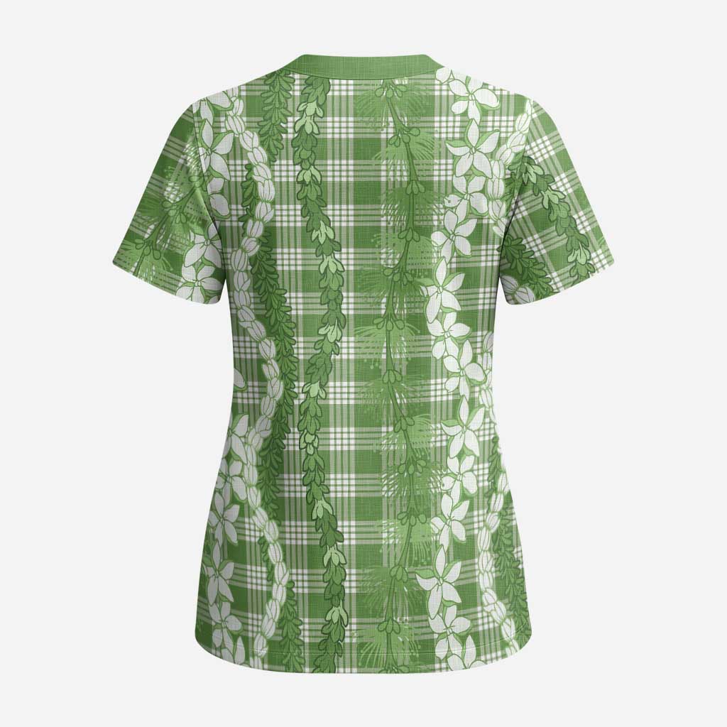 Hawaiian Ohia Lehua Lei Scrub Top Plaid Palaka Omaomao Pattern - Polynesian Pride