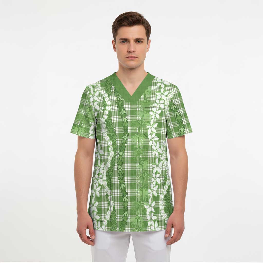 Hawaiian Ohia Lehua Lei Scrub Top Plaid Palaka Omaomao Pattern - Polynesian Pride
