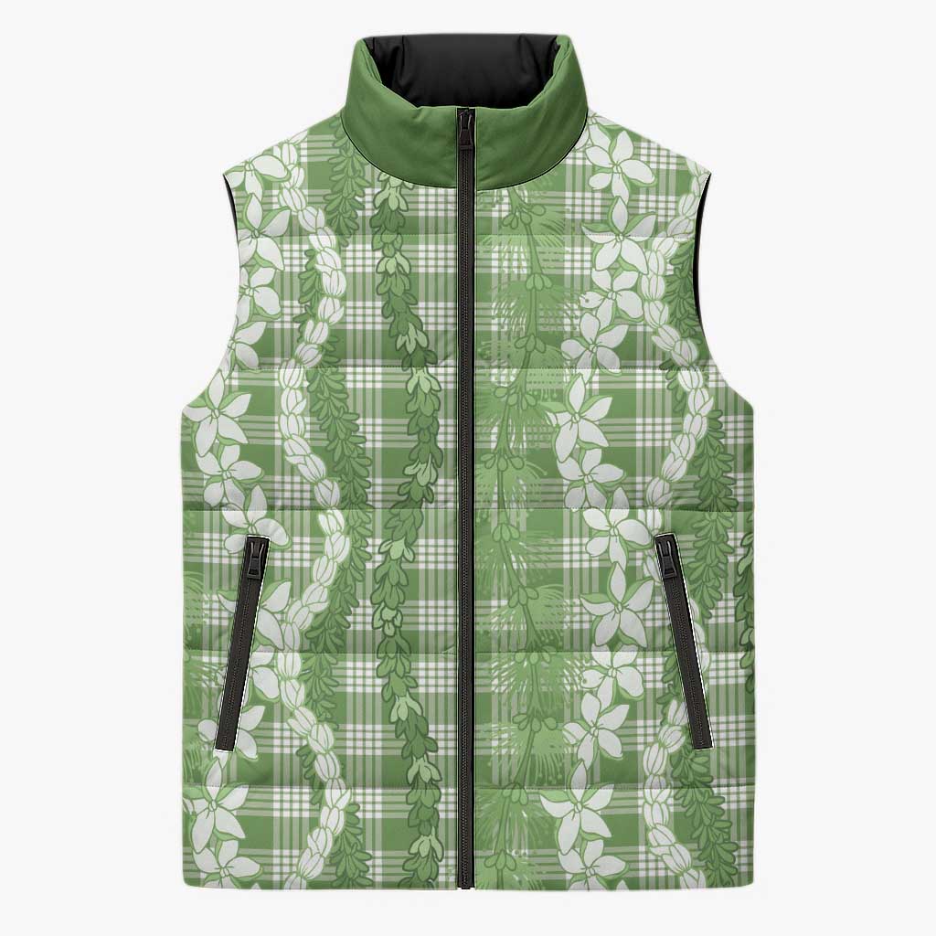 Hawaiian Ohia Lehua Lei Sleeveless Puffer Jacket Plaid Palaka Omaomao Pattern - Polynesian Pride
