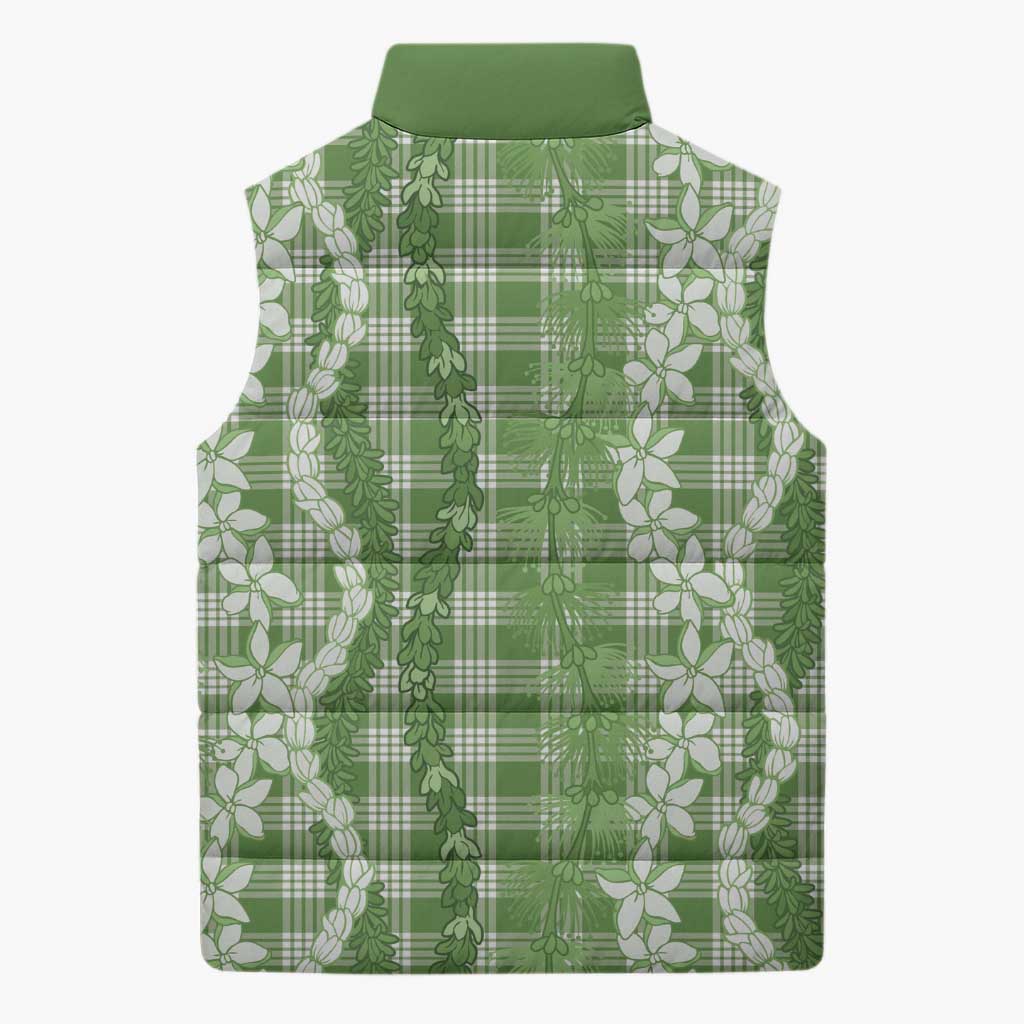 Hawaiian Ohia Lehua Lei Sleeveless Puffer Jacket Plaid Palaka Omaomao Pattern - Polynesian Pride