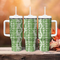 Hawaiian Ohia Lehua Lei Tumbler With Handle Plaid Palaka Omaomao Pattern - Polynesian Pride