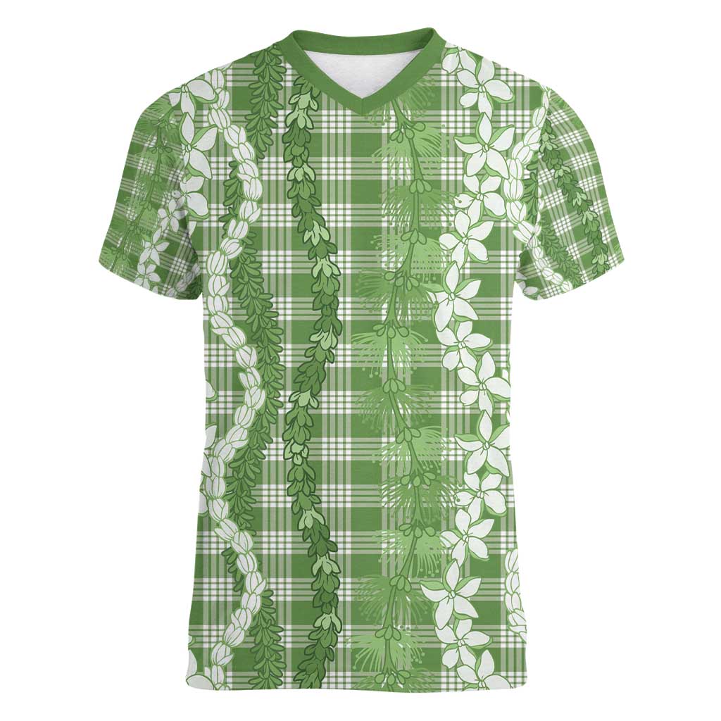 Hawaiian Ohia Lehua Lei Women V-Neck T-Shirt Plaid Palaka Omaomao Pattern - Polynesian Pride