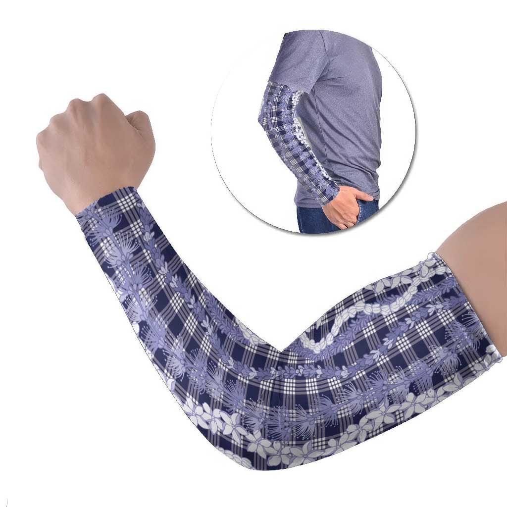 Hawaiian Ohia Lehua Lei Arm Sleeves Plaid Palaka Uliuli hohonu Pattern - Polynesian Pride