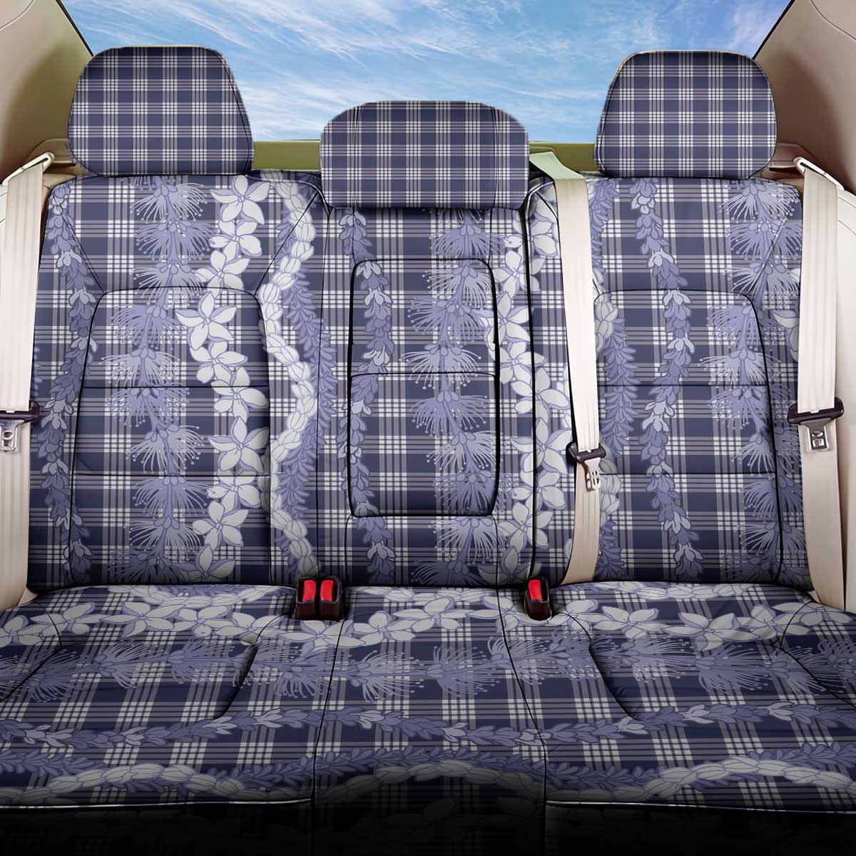 Hawaiian Ohia Lehua Lei Back Car Seat Cover Plaid Palaka Uliuli hohonu Pattern - Polynesian Pride