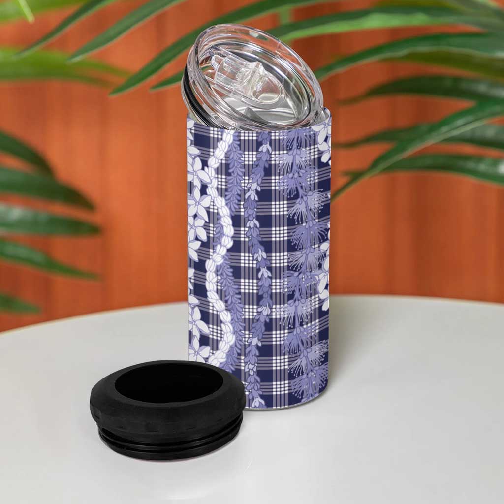 Hawaiian Ohia Lehua Lei 4 in 1 Can Cooler Tumbler Plaid Palaka Uliuli hohonu Pattern - Polynesian Pride