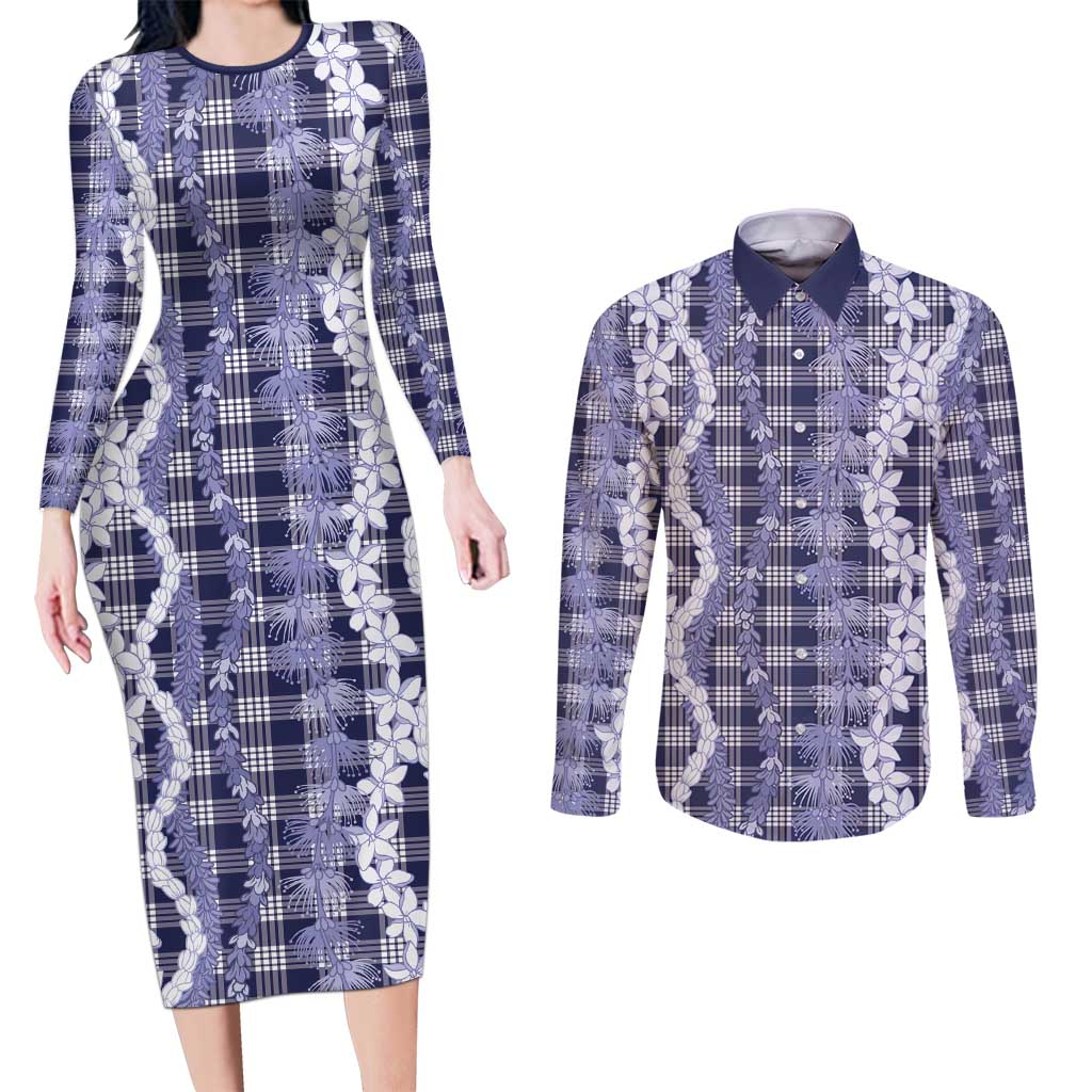 Hawaiian Ohia Lehua Lei Couples Matching Long Sleeve Bodycon Dress and Long Sleeve Button Shirt Plaid Palaka Uliuli hohonu Pattern - Polynesian Pride