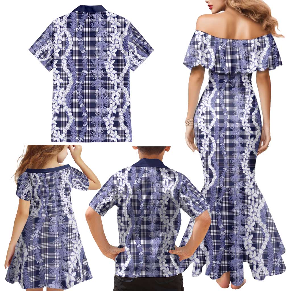 Hawaiian Ohia Lehua Lei Family Matching Mermaid Dress and Hawaiian Shirt Plaid Palaka Uliuli hohonu Pattern - Polynesian Pride