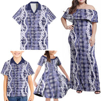 Hawaiian Ohia Lehua Lei Family Matching Off Shoulder Maxi Dress and Hawaiian Shirt Plaid Palaka Uliuli hohonu Pattern - Polynesian Pride