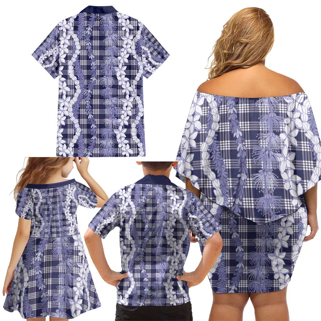 Hawaiian Ohia Lehua Lei Family Matching Off Shoulder Short Dress and Hawaiian Shirt Plaid Palaka Uliuli hohonu Pattern - Polynesian Pride