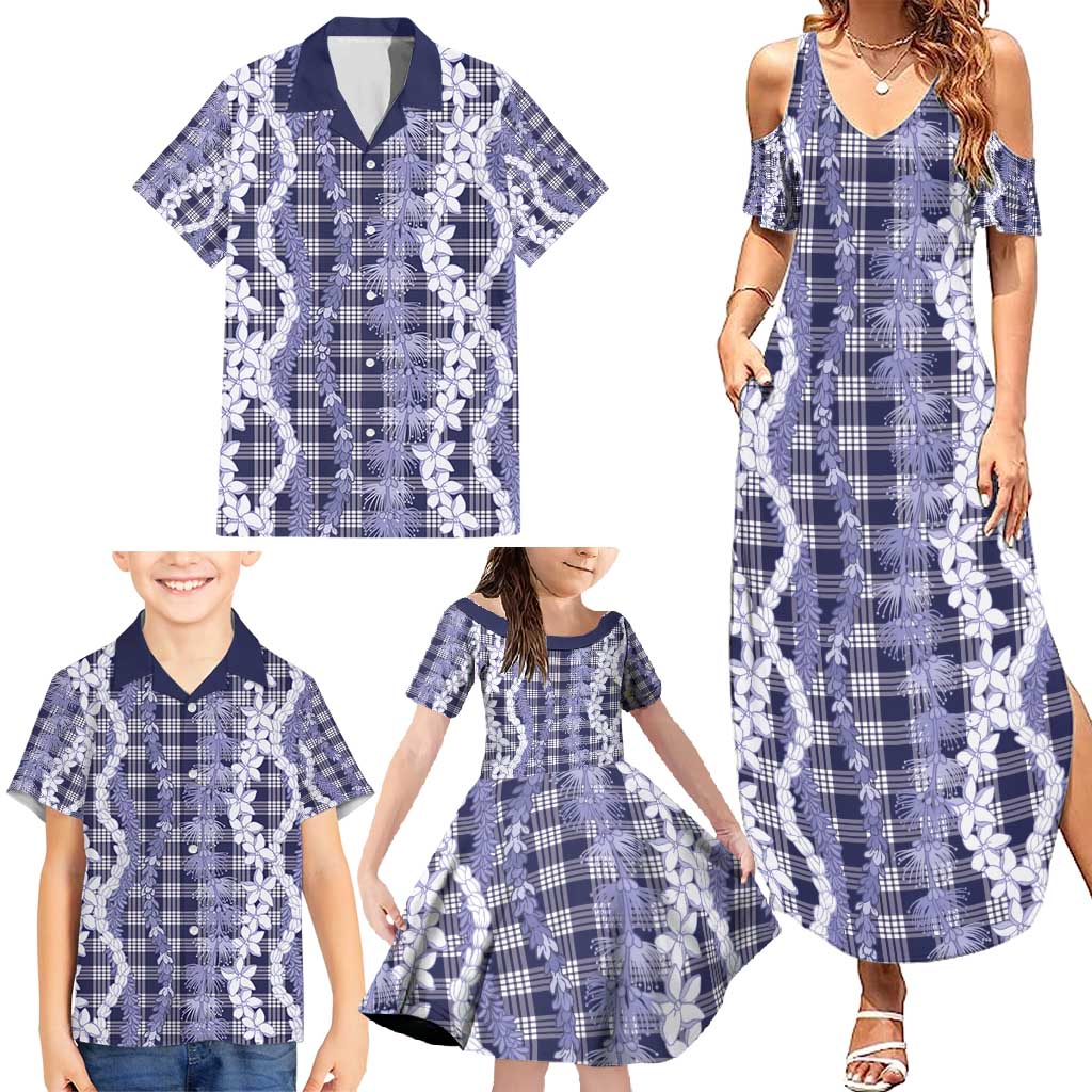 Hawaiian Ohia Lehua Lei Family Matching Summer Maxi Dress and Hawaiian Shirt Plaid Palaka Uliuli hohonu Pattern - Polynesian Pride