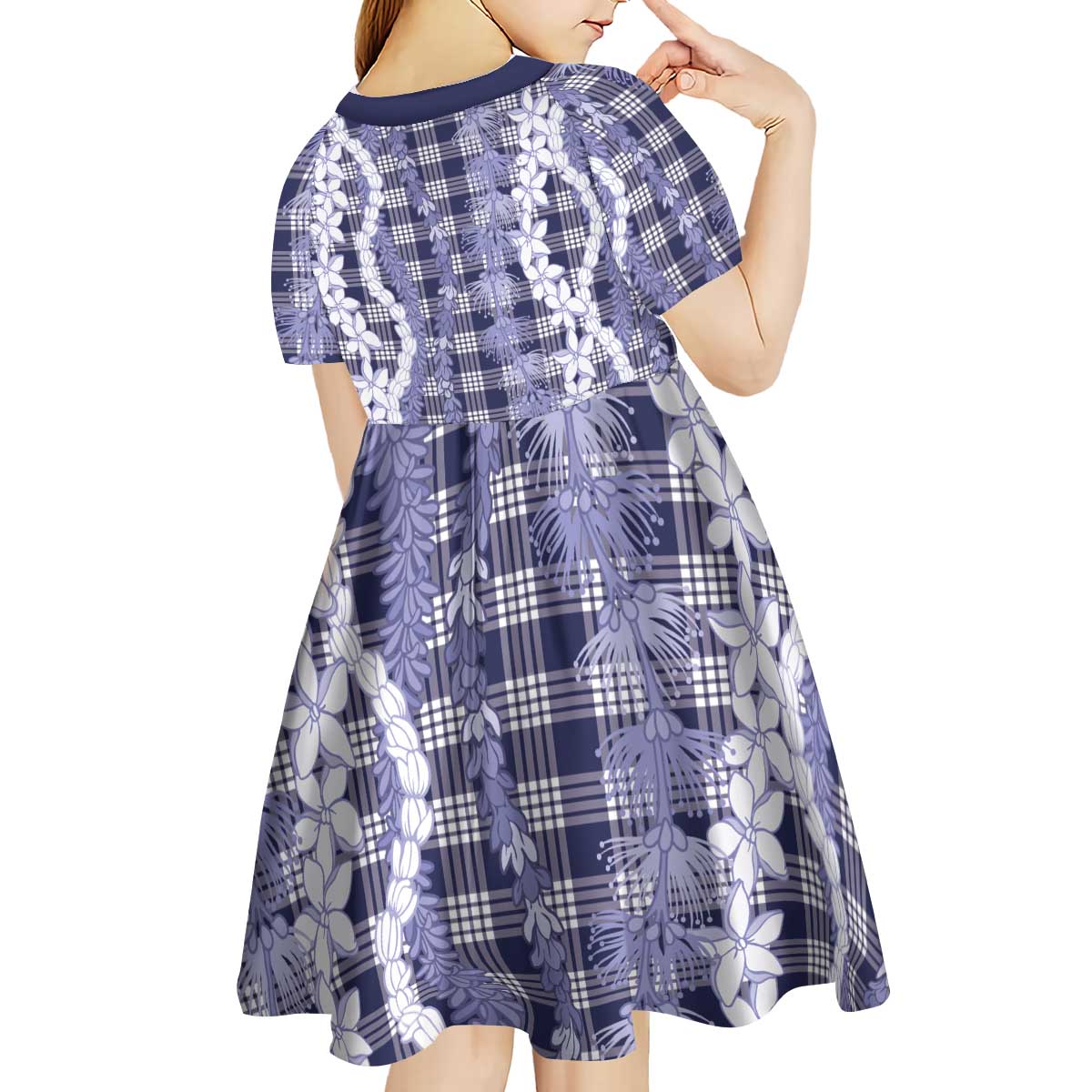 Hawaiian Ohia Lehua Lei Kid Short Sleeve Dress Plaid Palaka Uliuli hohonu Pattern - Polynesian Pride