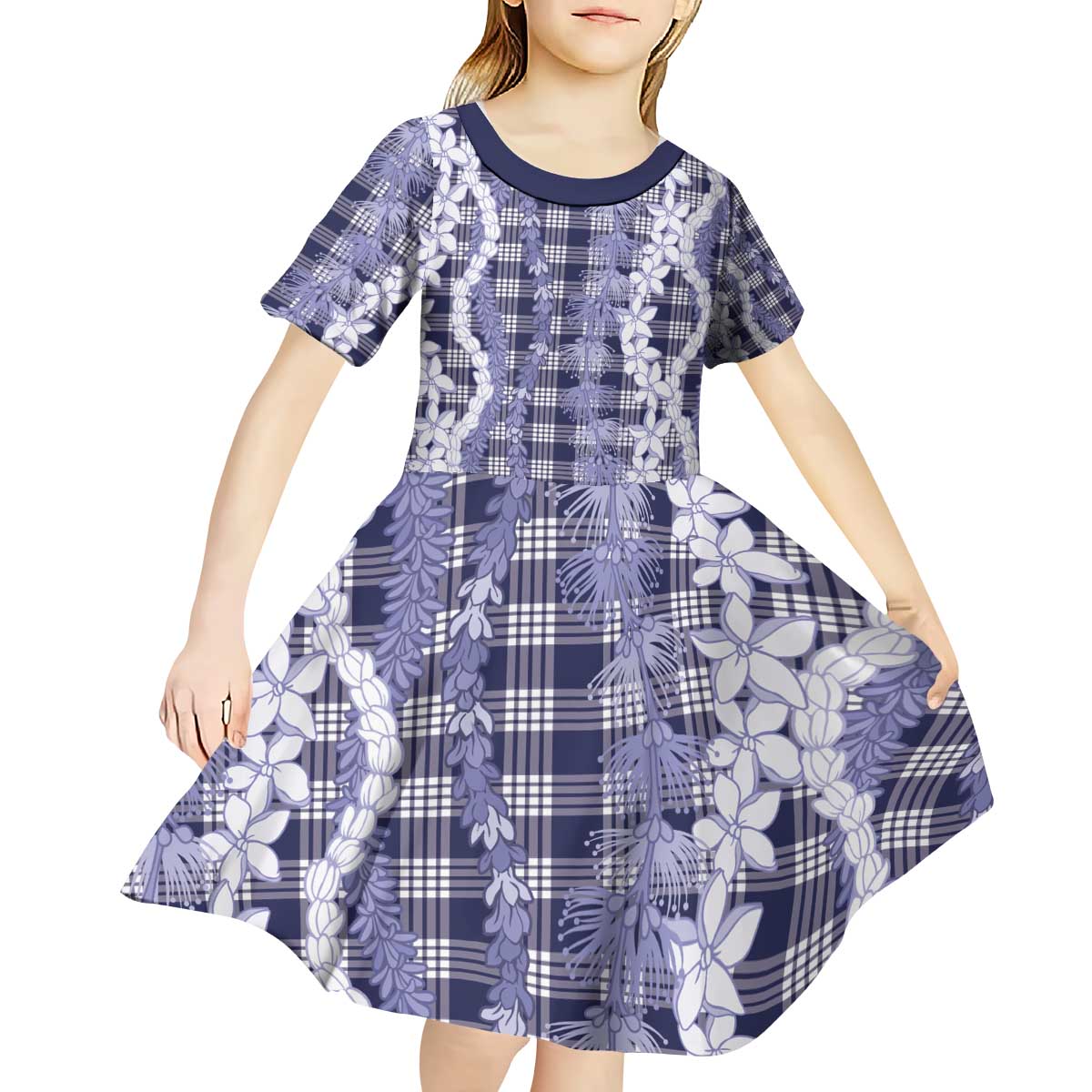 Hawaiian Ohia Lehua Lei Kid Short Sleeve Dress Plaid Palaka Uliuli hohonu Pattern - Polynesian Pride