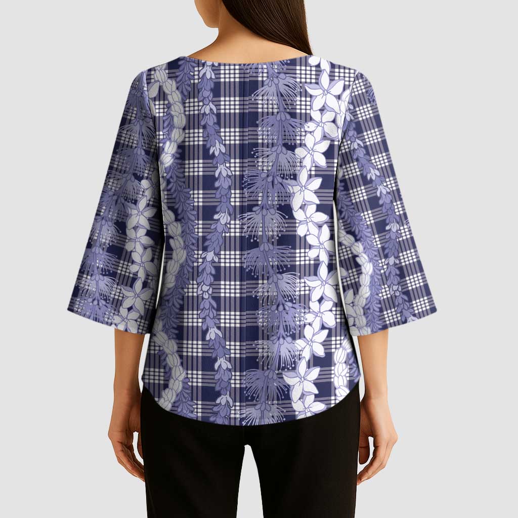 Hawaiian Ohia Lehua Lei Kimono Sleeve Blouse Plaid Palaka Uliuli hohonu Pattern - Polynesian Pride