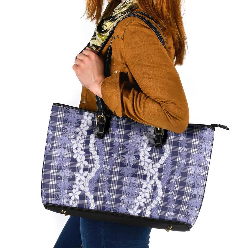 Hawaiian Ohia Lehua Lei Leather Tote Bag Plaid Palaka Uliuli hohonu Pattern - Polynesian Pride