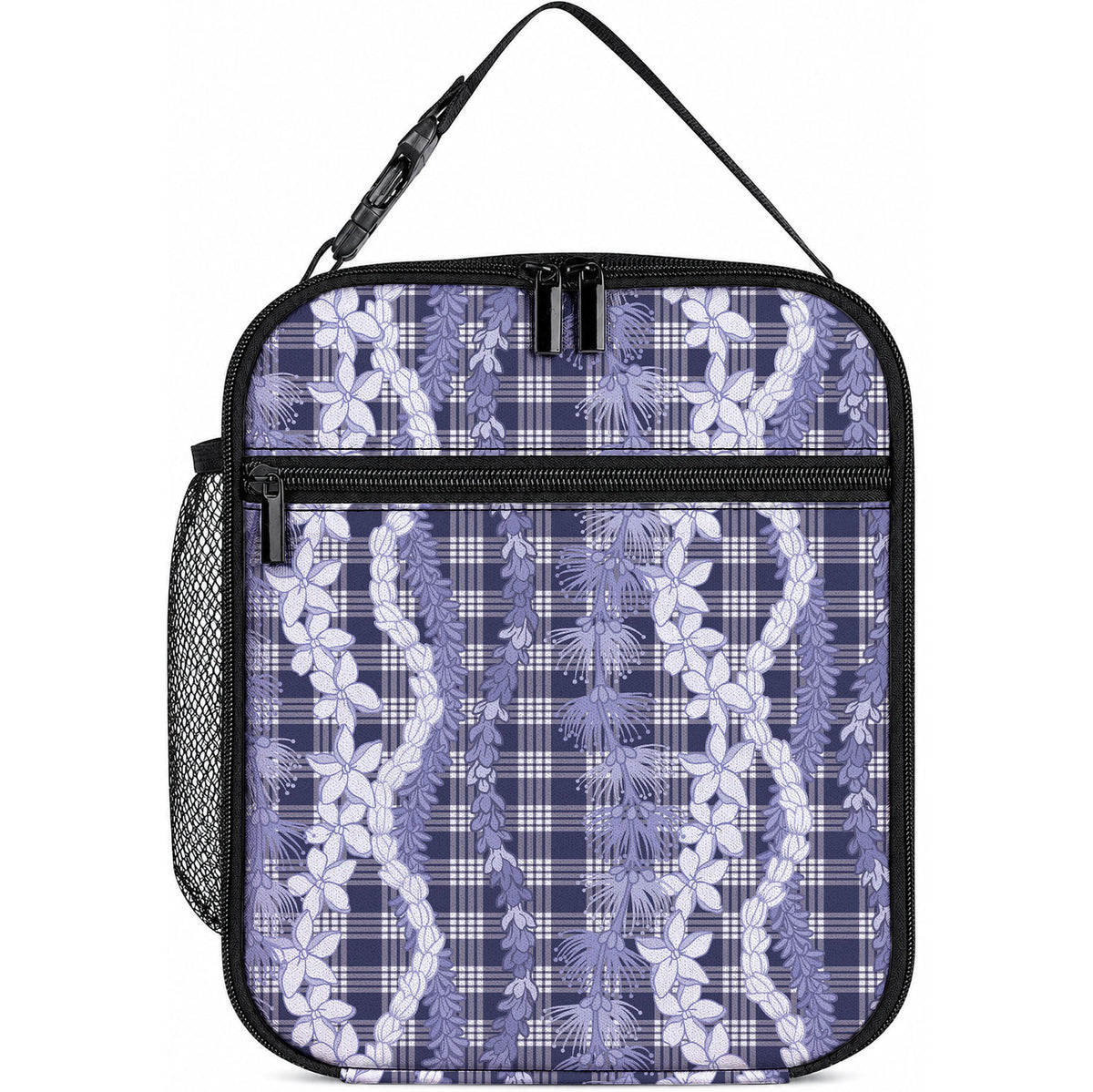Hawaiian Ohia Lehua Lei Lunch Bag Plaid Palaka Uliuli hohonu Pattern LT9 10.2 × 8.3 × 4.3 inch Navy - Polynesian Pride
