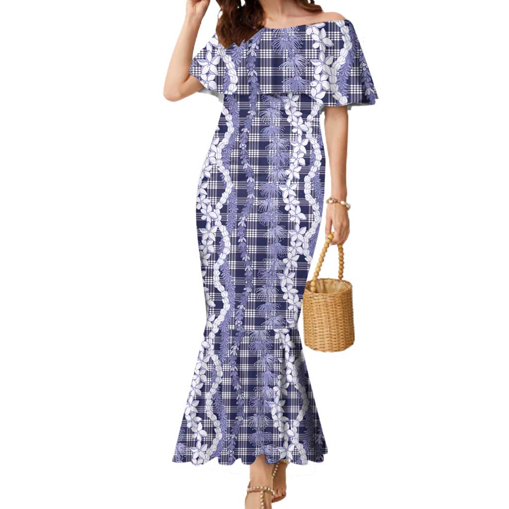Hawaiian Ohia Lehua Lei Mermaid Dress Plaid Palaka Uliuli hohonu Pattern - Polynesian Pride