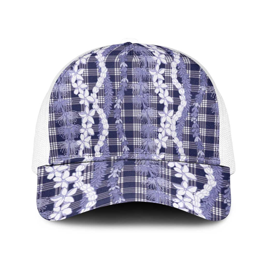 Hawaiian Ohia Lehua Lei Mesh Trucker Cap Plaid Palaka Uliuli hohonu Pattern - Polynesian Pride