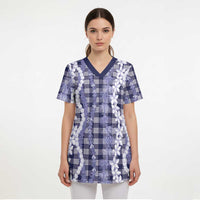 Hawaiian Ohia Lehua Lei Scrub Top Plaid Palaka Uliuli hohonu Pattern - Polynesian Pride