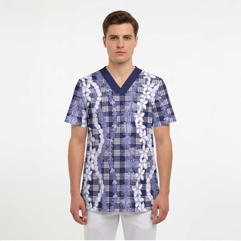 Hawaiian Ohia Lehua Lei Scrub Top Plaid Palaka Uliuli hohonu Pattern - Polynesian Pride