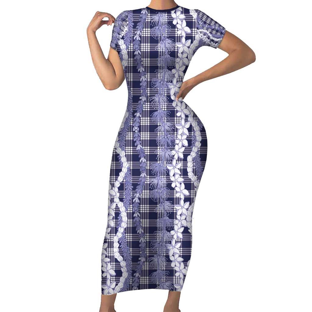 Hawaiian Ohia Lehua Lei Short Sleeve Bodycon Dress Plaid Palaka Uliuli hohonu Pattern - Polynesian Pride